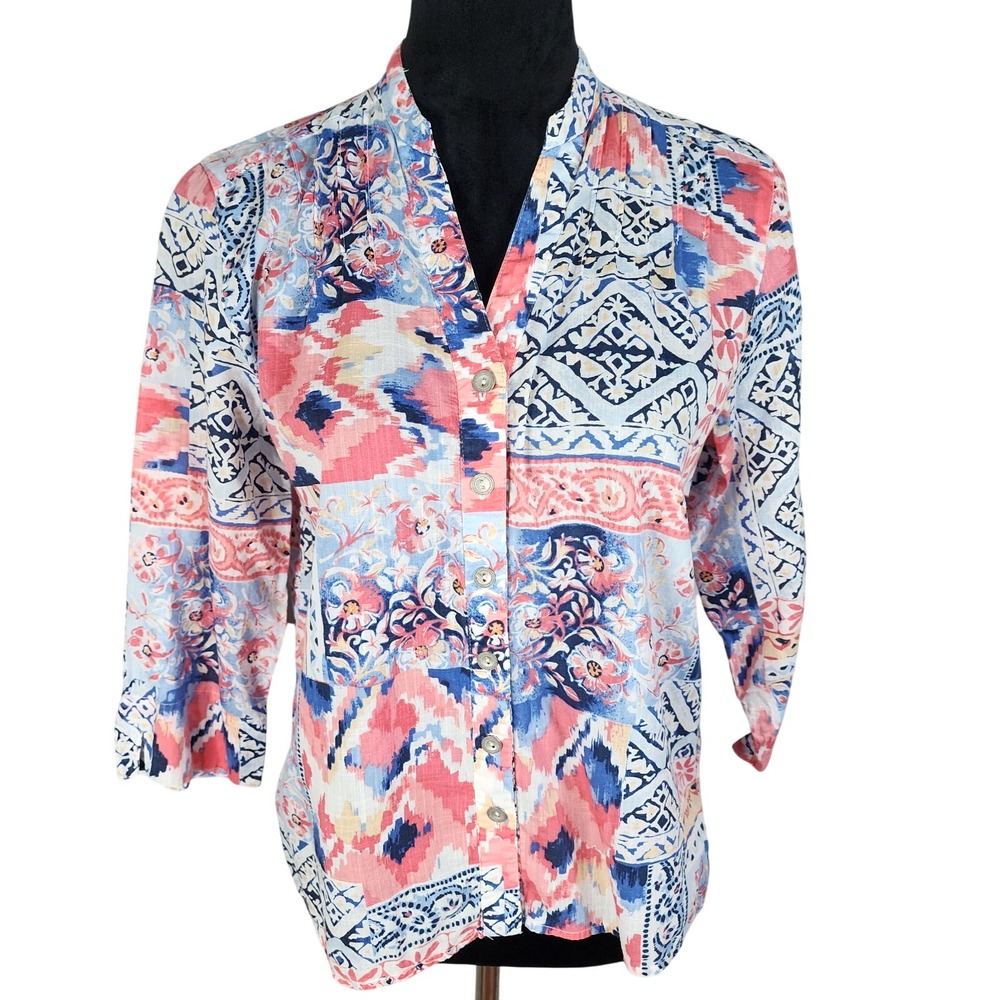 ALFRED DUNNER Size 8P Colorful Floral Tribal‎ Print 100% Cotton Button Up Blouse